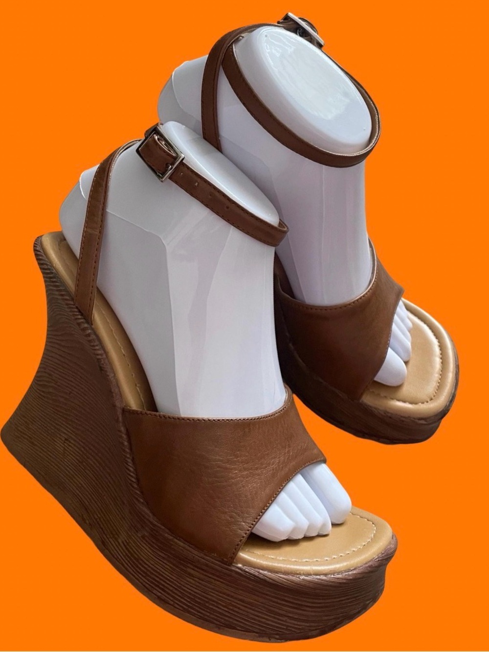 90s 00s Vintage Brown Platform Vegan Leather Sandals With Ankle Strap